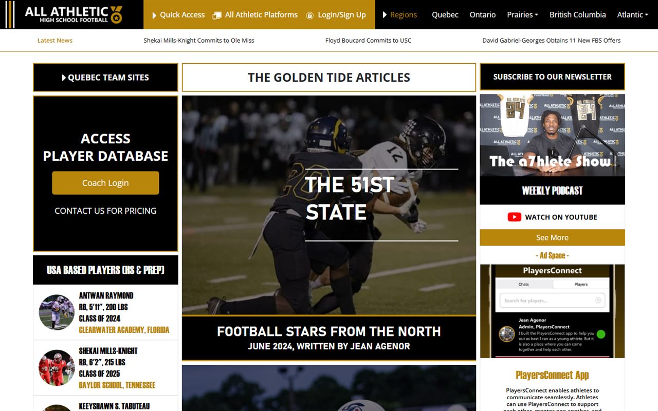 Screenshot of the All Athletic Football, L.P. website